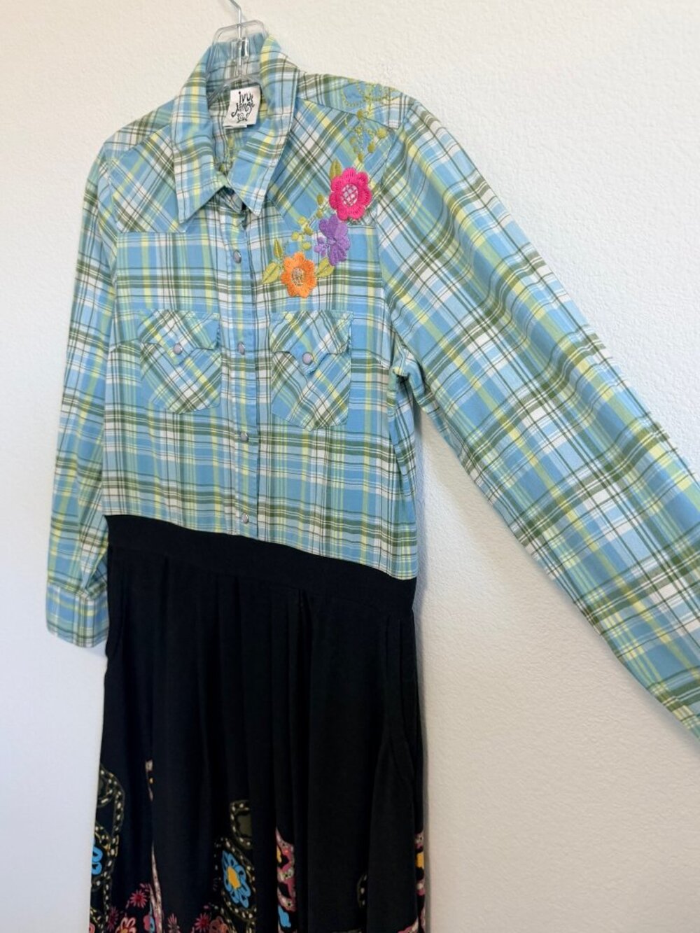 Ivy Jane Long Sleeve Floral Embroidered Plaid Top Stretch Skirt Dress Size S. - Picture 5 of 9